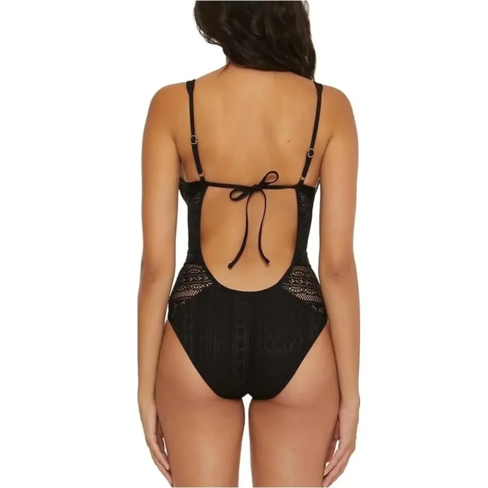 Becca Women's Black Play Crochet Plunge-Neck One-Piece Swimsuit Size L